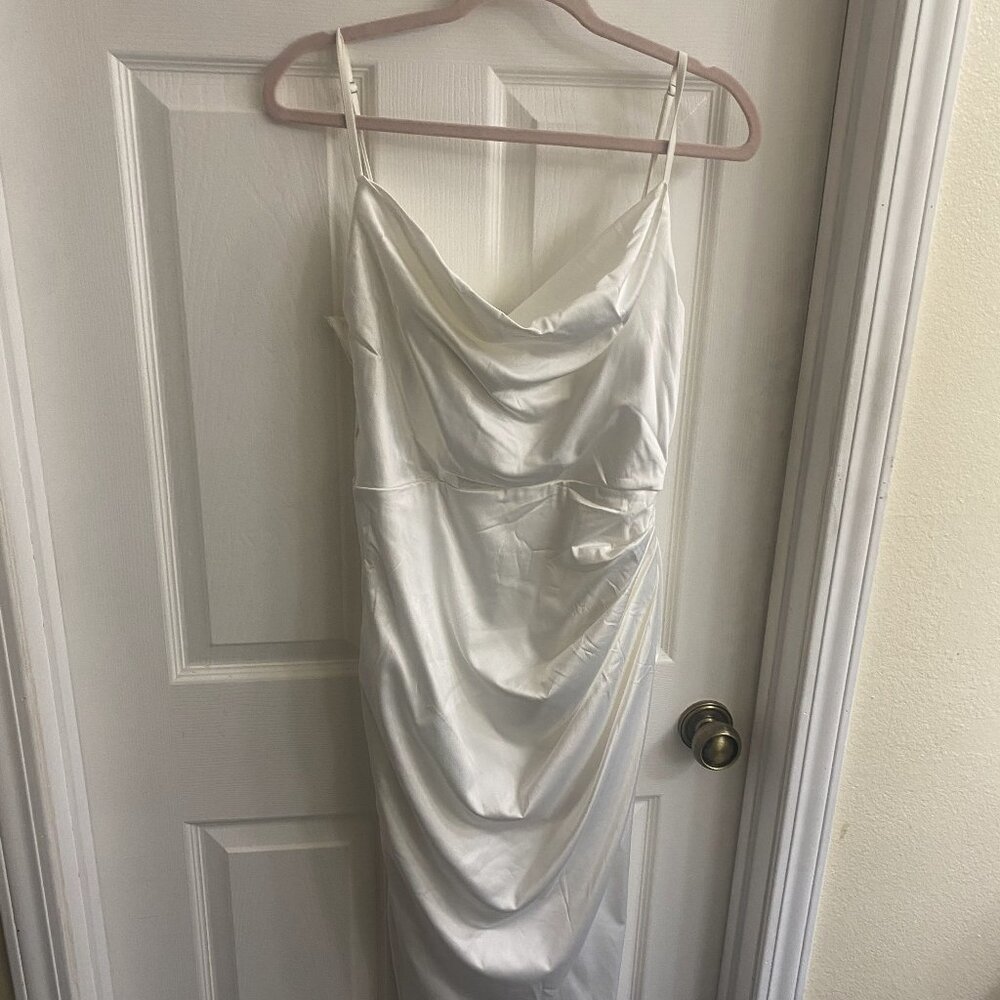 White Silk Satin Slip Dress with Side Slit – Elegant Evening Gown